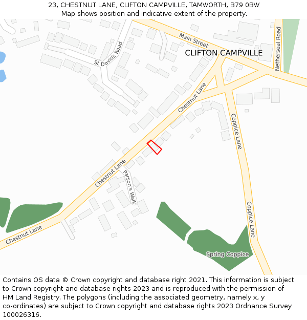 23, CHESTNUT LANE, CLIFTON CAMPVILLE, TAMWORTH, B79 0BW: Location map and indicative extent of plot