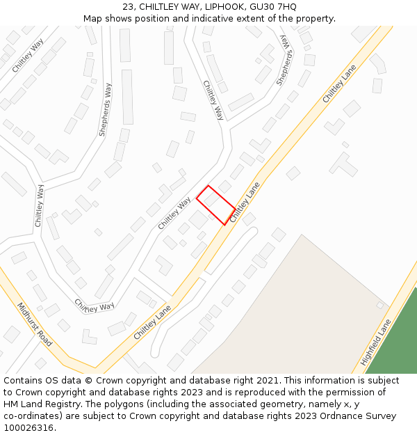 23, CHILTLEY WAY, LIPHOOK, GU30 7HQ: Location map and indicative extent of plot