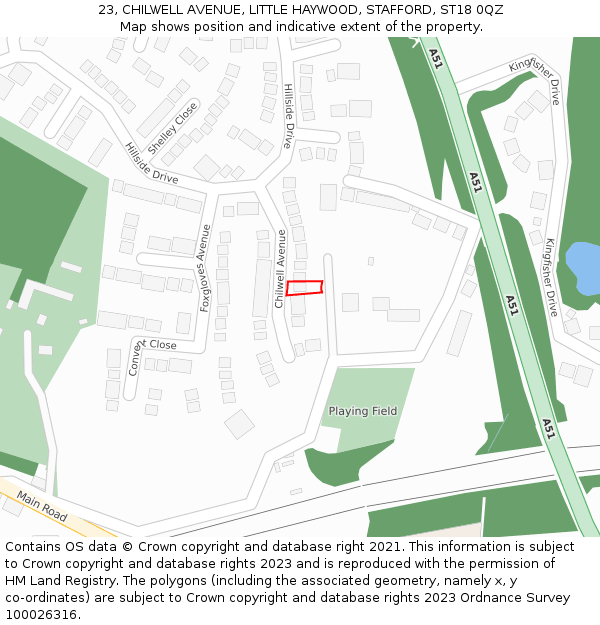 23, CHILWELL AVENUE, LITTLE HAYWOOD, STAFFORD, ST18 0QZ: Location map and indicative extent of plot