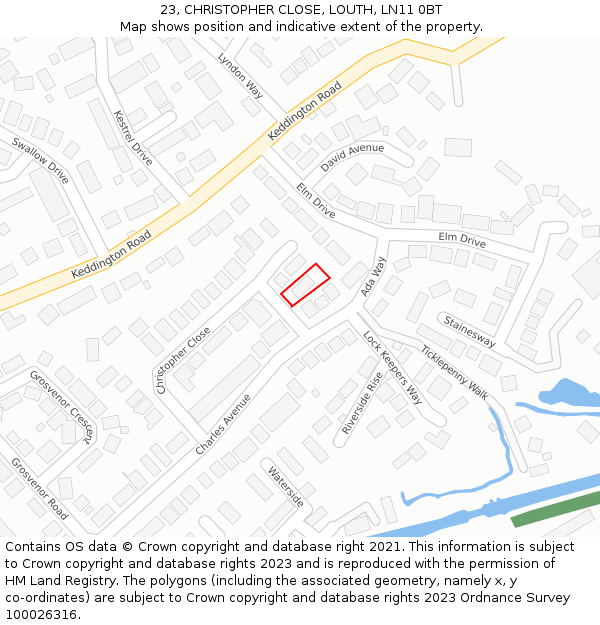 23, CHRISTOPHER CLOSE, LOUTH, LN11 0BT: Location map and indicative extent of plot