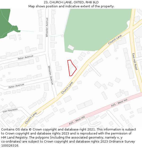 23, CHURCH LANE, OXTED, RH8 9LD: Location map and indicative extent of plot