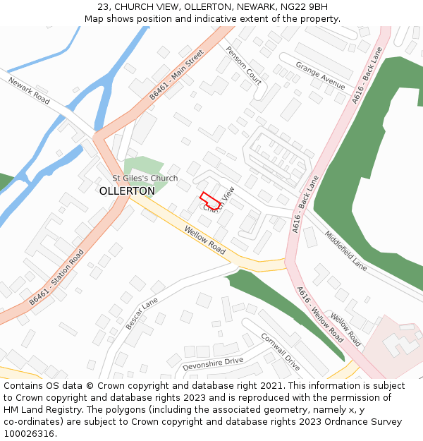 23, CHURCH VIEW, OLLERTON, NEWARK, NG22 9BH: Location map and indicative extent of plot