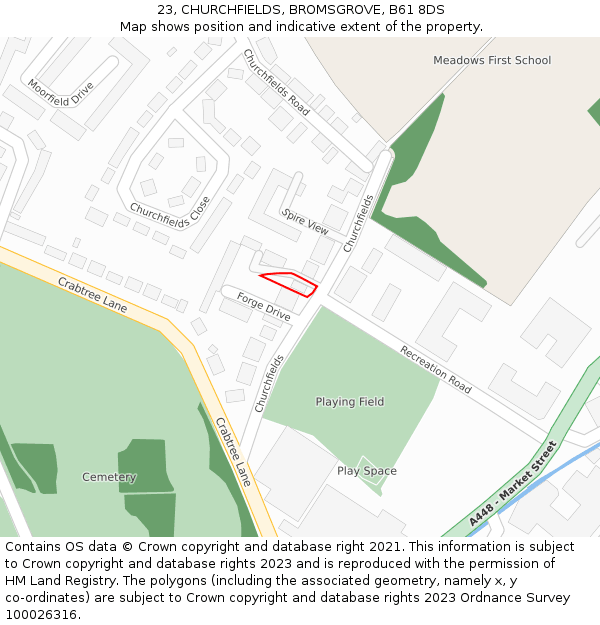 23, CHURCHFIELDS, BROMSGROVE, B61 8DS: Location map and indicative extent of plot