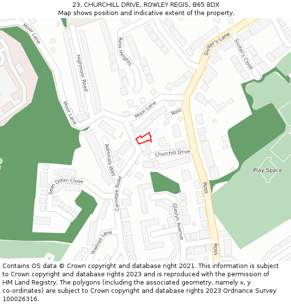 23, CHURCHILL DRIVE, ROWLEY REGIS, B65 8DX: Location map and indicative extent of plot