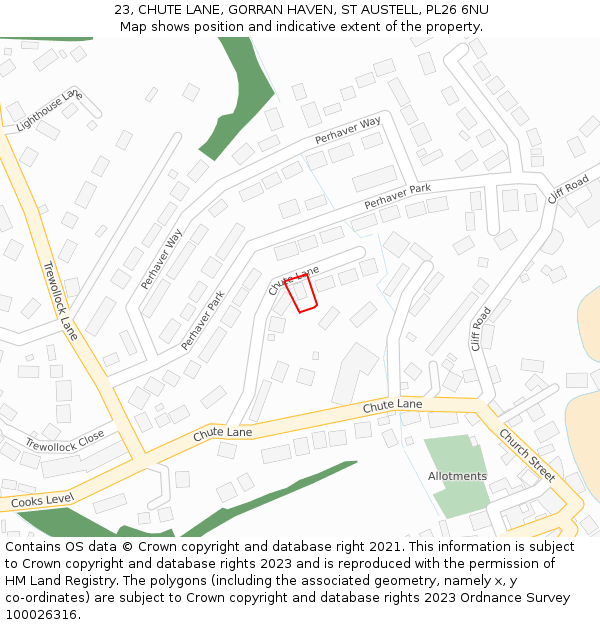 23, CHUTE LANE, GORRAN HAVEN, ST AUSTELL, PL26 6NU: Location map and indicative extent of plot
