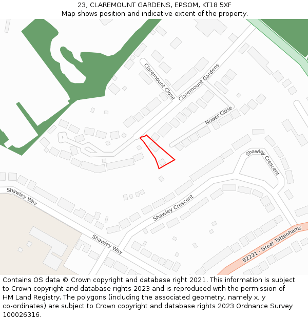 23, CLAREMOUNT GARDENS, EPSOM, KT18 5XF: Location map and indicative extent of plot