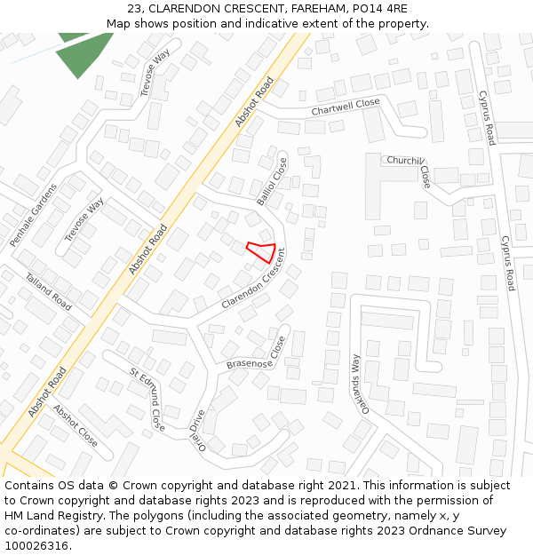23, CLARENDON CRESCENT, FAREHAM, PO14 4RE: Location map and indicative extent of plot