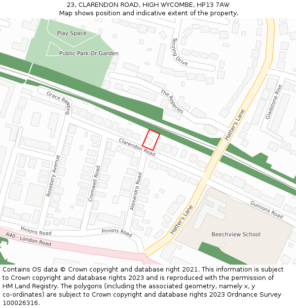 23, CLARENDON ROAD, HIGH WYCOMBE, HP13 7AW: Location map and indicative extent of plot