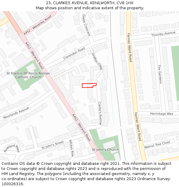 23, CLARKES AVENUE, KENILWORTH, CV8 1HX: Location map and indicative extent of plot