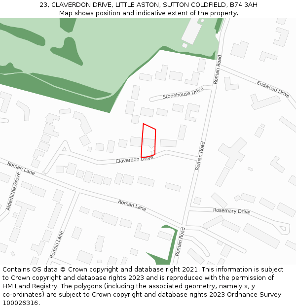 23, CLAVERDON DRIVE, LITTLE ASTON, SUTTON COLDFIELD, B74 3AH: Location map and indicative extent of plot