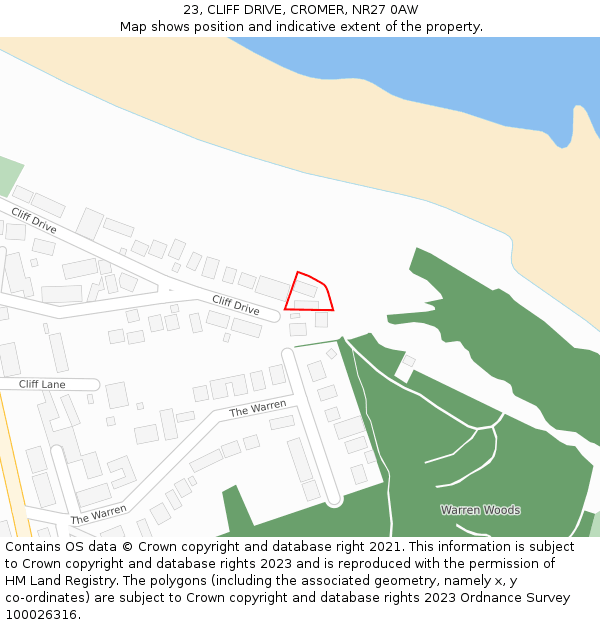 23, CLIFF DRIVE, CROMER, NR27 0AW: Location map and indicative extent of plot