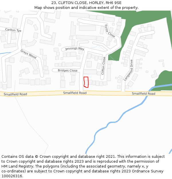 23, CLIFTON CLOSE, HORLEY, RH6 9SE: Location map and indicative extent of plot