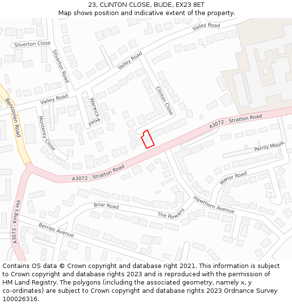 23, CLINTON CLOSE, BUDE, EX23 8ET: Location map and indicative extent of plot