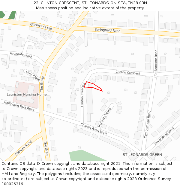 23, CLINTON CRESCENT, ST LEONARDS-ON-SEA, TN38 0RN: Location map and indicative extent of plot