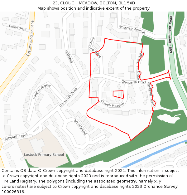 23, CLOUGH MEADOW, BOLTON, BL1 5XB: Location map and indicative extent of plot