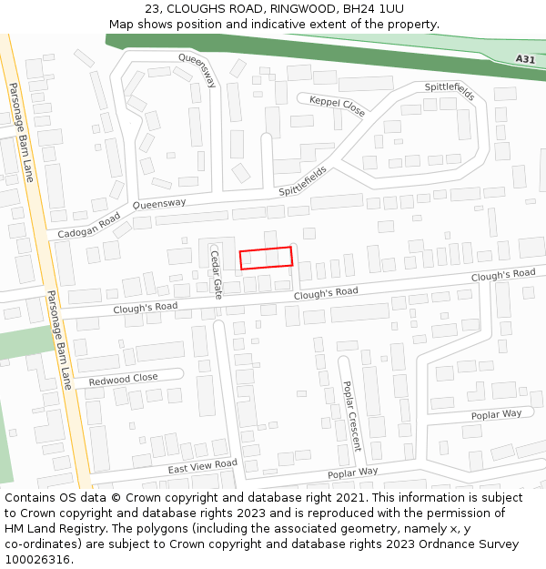 23, CLOUGHS ROAD, RINGWOOD, BH24 1UU: Location map and indicative extent of plot
