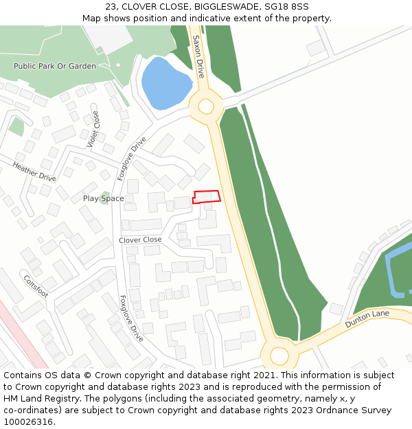 23, CLOVER CLOSE, BIGGLESWADE, SG18 8SS: Location map and indicative extent of plot