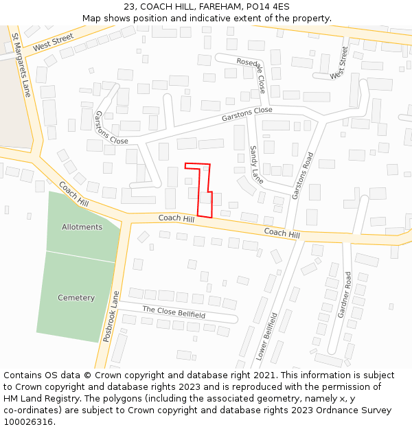 23, COACH HILL, FAREHAM, PO14 4ES: Location map and indicative extent of plot
