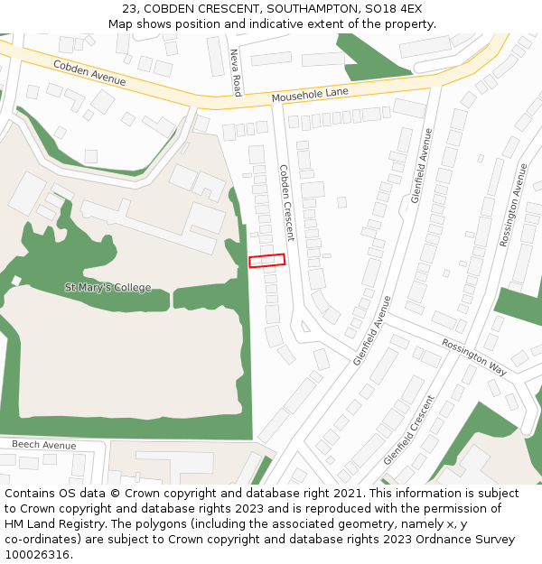 23, COBDEN CRESCENT, SOUTHAMPTON, SO18 4EX: Location map and indicative extent of plot