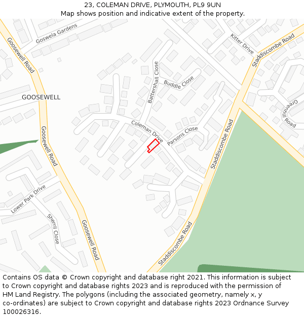 23, COLEMAN DRIVE, PLYMOUTH, PL9 9UN: Location map and indicative extent of plot