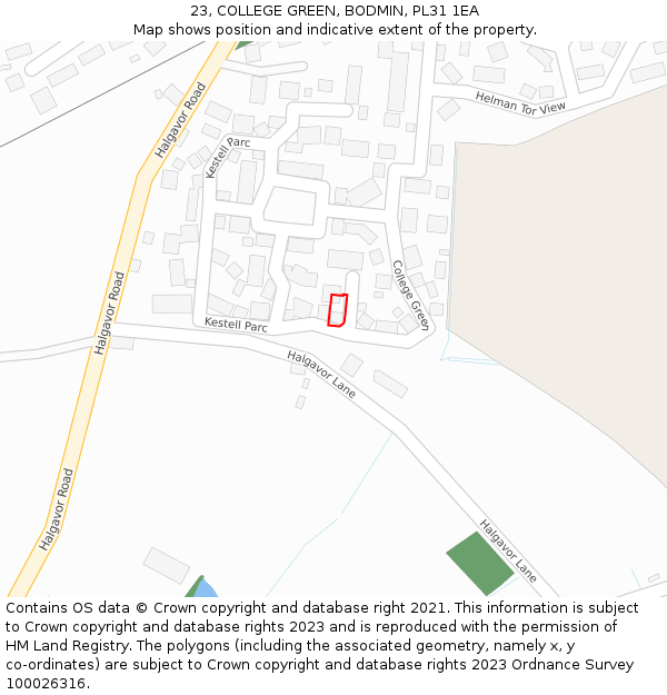 23, COLLEGE GREEN, BODMIN, PL31 1EA: Location map and indicative extent of plot