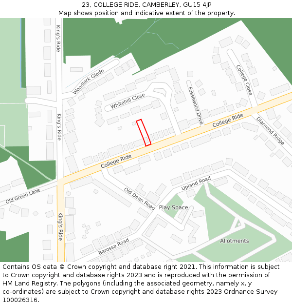 23, COLLEGE RIDE, CAMBERLEY, GU15 4JP: Location map and indicative extent of plot