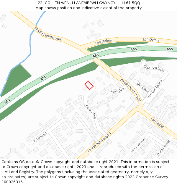 23, COLLEN WEN, LLANFAIRPWLLGWYNGYLL, LL61 5QQ: Location map and indicative extent of plot