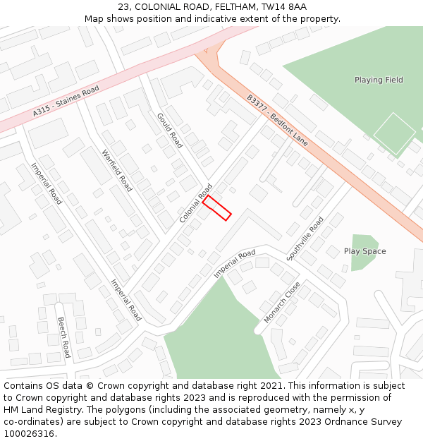 23, COLONIAL ROAD, FELTHAM, TW14 8AA: Location map and indicative extent of plot