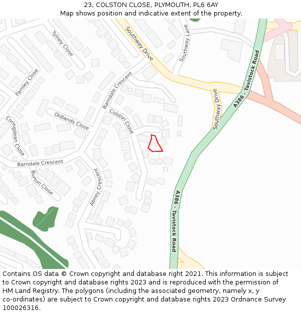 23, COLSTON CLOSE, PLYMOUTH, PL6 6AY: Location map and indicative extent of plot