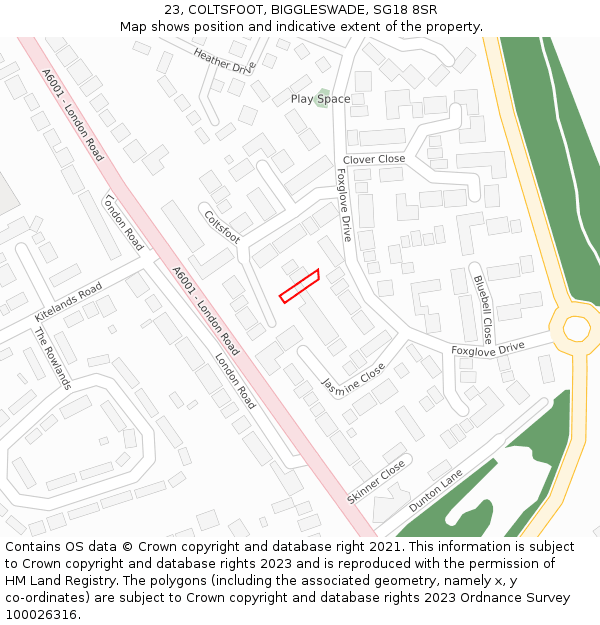 23, COLTSFOOT, BIGGLESWADE, SG18 8SR: Location map and indicative extent of plot