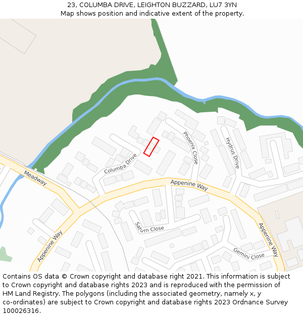 23, COLUMBA DRIVE, LEIGHTON BUZZARD, LU7 3YN: Location map and indicative extent of plot