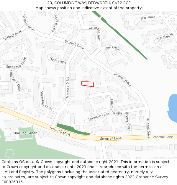 23, COLUMBINE WAY, BEDWORTH, CV12 0GF: Location map and indicative extent of plot