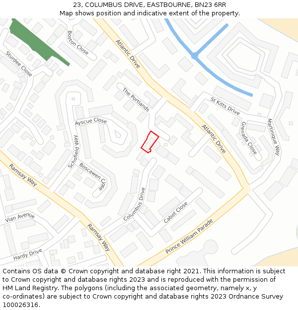 23, COLUMBUS DRIVE, EASTBOURNE, BN23 6RR: Location map and indicative extent of plot