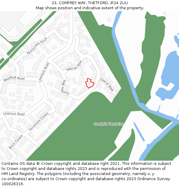 23, COMFREY WAY, THETFORD, IP24 2UU: Location map and indicative extent of plot