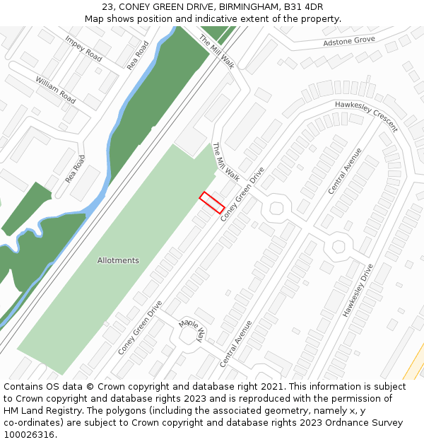 23, CONEY GREEN DRIVE, BIRMINGHAM, B31 4DR: Location map and indicative extent of plot