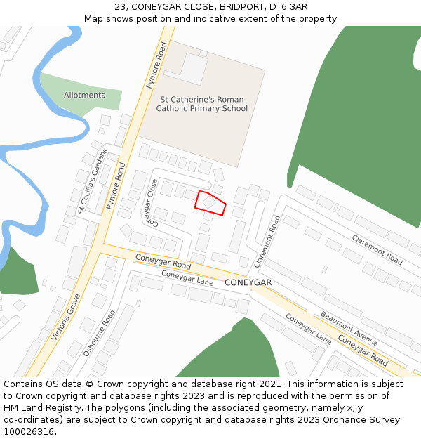 23, CONEYGAR CLOSE, BRIDPORT, DT6 3AR: Location map and indicative extent of plot