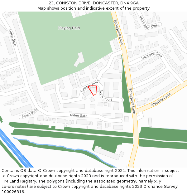 23, CONISTON DRIVE, DONCASTER, DN4 9GA: Location map and indicative extent of plot