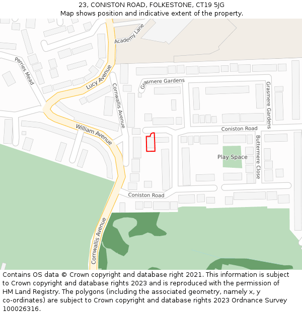 23, CONISTON ROAD, FOLKESTONE, CT19 5JG: Location map and indicative extent of plot