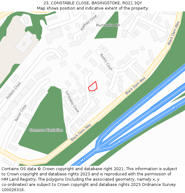 23, CONSTABLE CLOSE, BASINGSTOKE, RG21 3QY: Location map and indicative extent of plot