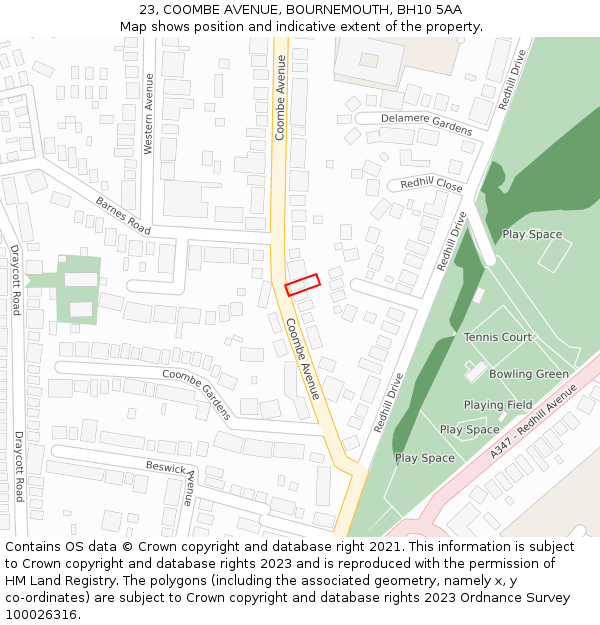 23, COOMBE AVENUE, BOURNEMOUTH, BH10 5AA: Location map and indicative extent of plot