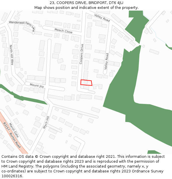 23, COOPERS DRIVE, BRIDPORT, DT6 4JU: Location map and indicative extent of plot