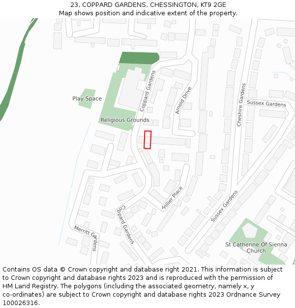 23, COPPARD GARDENS, CHESSINGTON, KT9 2GE: Location map and indicative extent of plot