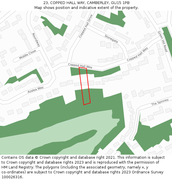 23, COPPED HALL WAY, CAMBERLEY, GU15 1PB: Location map and indicative extent of plot