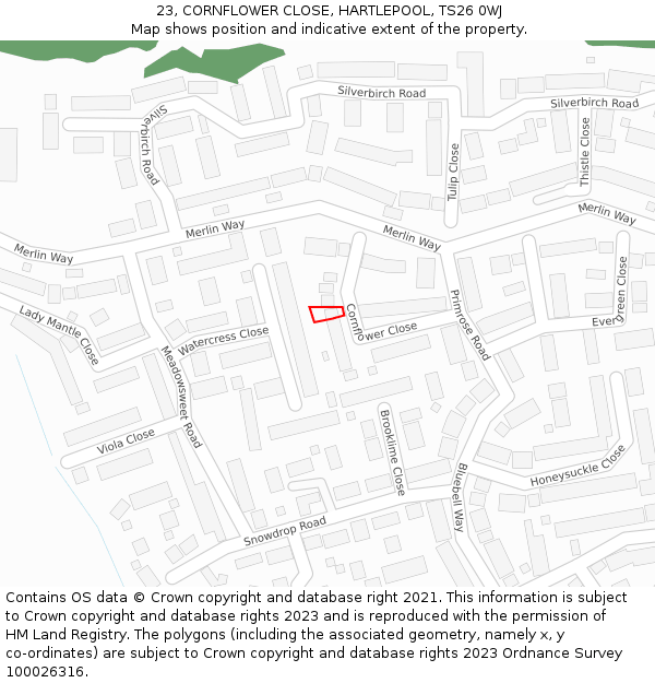 23, CORNFLOWER CLOSE, HARTLEPOOL, TS26 0WJ: Location map and indicative extent of plot