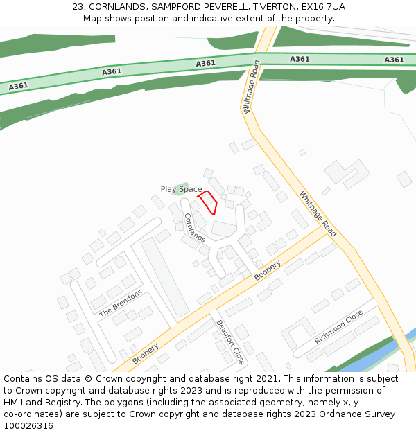 23, CORNLANDS, SAMPFORD PEVERELL, TIVERTON, EX16 7UA: Location map and indicative extent of plot