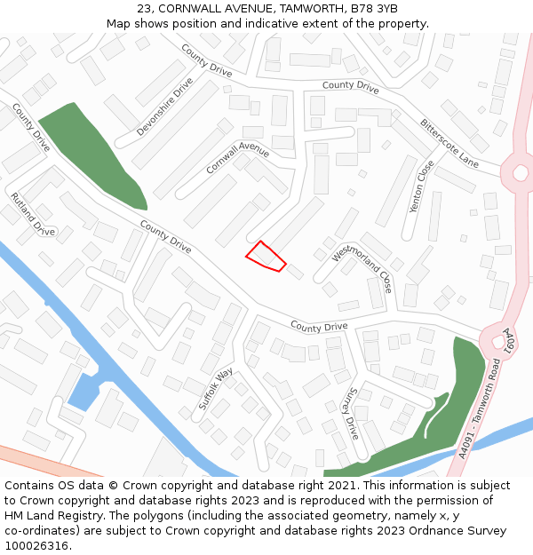 23, CORNWALL AVENUE, TAMWORTH, B78 3YB: Location map and indicative extent of plot