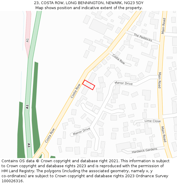 23, COSTA ROW, LONG BENNINGTON, NEWARK, NG23 5DY: Location map and indicative extent of plot