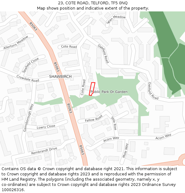 23, COTE ROAD, TELFORD, TF5 0NQ: Location map and indicative extent of plot