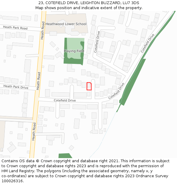 23, COTEFIELD DRIVE, LEIGHTON BUZZARD, LU7 3DS: Location map and indicative extent of plot