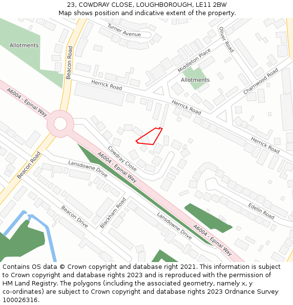 23, COWDRAY CLOSE, LOUGHBOROUGH, LE11 2BW: Location map and indicative extent of plot